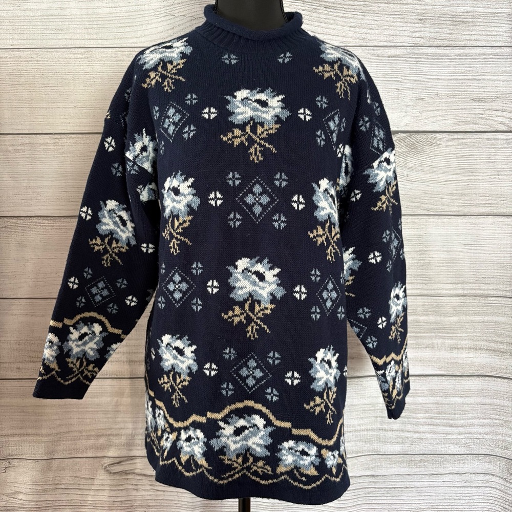 Vintage‎ 80's Bugle Boy For Her Floral Fair Isle Sweater Blue Nordic Knit L/XL